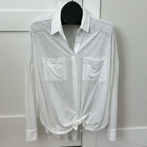 Lou & Grey for LOFT White Tie High Low Button Down Knit Long Sleeve Top …